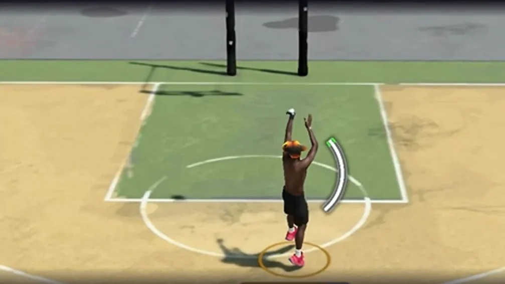 MyPLAYER jump shot on an outdoor court with the shot timing meter visible.