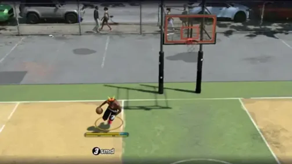 Park court gameplay with a MyPLAYER dribbling under the hoop.
